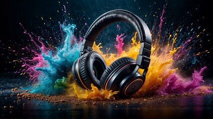 Stereo headphones exploding in festive colorful splash, dust and smoke with vibrant light effects on loud music sound, pulse, bass and beats, ready for party