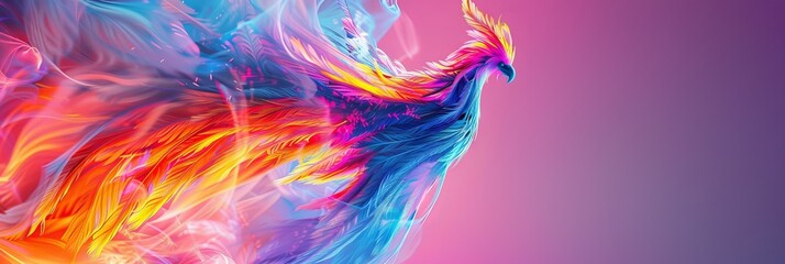 Neon phoenix emerging from a desktop screen its feathers shimmering with digital energy against a vivid backdrop