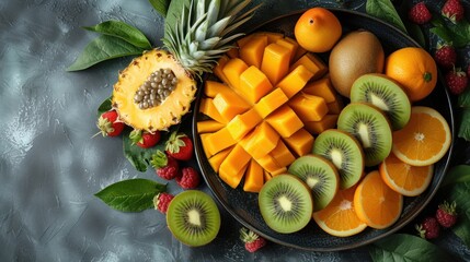a plate of fruit including oranges, kiwis, strawberries, and pineapples on a table.