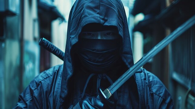 Ninja with a sword mouth covered by a surgical mask poised in a shadowy alley