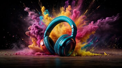 Stereo headphones exploding in festive colorful splash, dust and smoke with vibrant light effects on loud music sound, pulse, bass and beats, ready for party