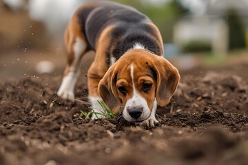 Beagle Sniffing Dirt in its Yard