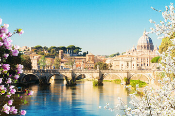 St. Peter's cathedral over bridge and river in Rome at spring day, Italy - obrazy, fototapety, plakaty