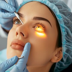 A female doctor performs a cosmetic eye surgery procedure. Ophthalmological clinic. generative ai