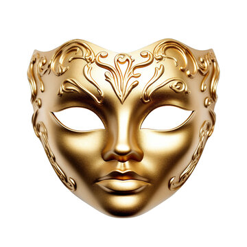 Vivid depiction of a golden opera mask with a single striking eye, isolated on a pristine white  background 