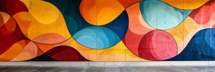 Contemporary abstract mural with vibrant overlapping circles in a rich palette of red, orange, blue, and yellow.