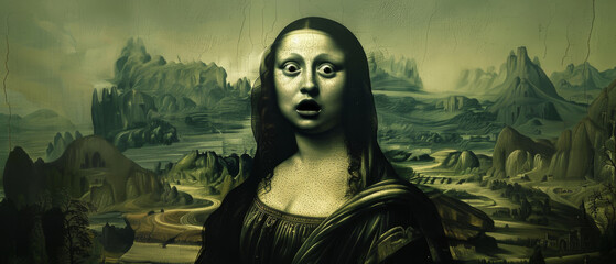 A surprised Mona Lisa eyes wide and mouth agape amidst the familiar landscape