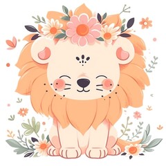 Obraz premium illustration of a lion with a smiling face and he is happy wearing a flower crown on his head