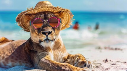 Fototapeta na wymiar banner lion, lioness in sunglasses and hat on the beach near the sea, looking at the camera. summer vacation by the sea with copy space