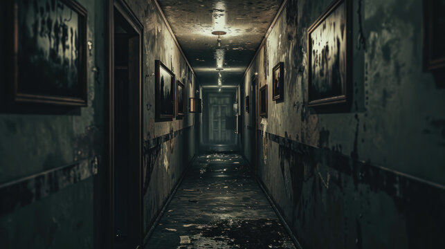 dirty and scary old apartement corridor with dimly lit green lighting, dirty walls and photo hanged on the wall, enhancing anxiety and horror feels