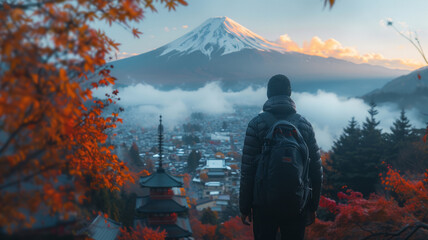 a man tourist in backpack standing After successfully conquering the peak , on top of a Japanese temple with Mount Fuji ,generative ai - obrazy, fototapety, plakaty