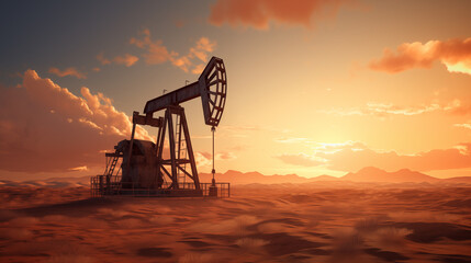 Silhouette of Drilling Platform with Sunset. - obrazy, fototapety, plakaty