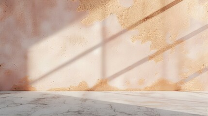 Rose Gold Plaster Wall with Shadows of Sunlight. Elegant Background for Product Presentation