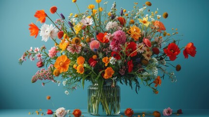 a vase filled with lots of colorful flowers on top of a blue table next to confetti sprinkles.