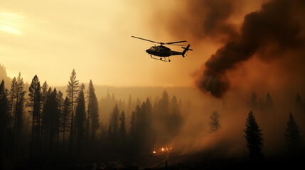 Fototapeta na wymiar Natural Disaster: Forest Fire, Helicopter Extinguishing Flames.