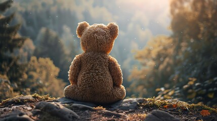 backview of a teddy bear sitting looking at a landscape