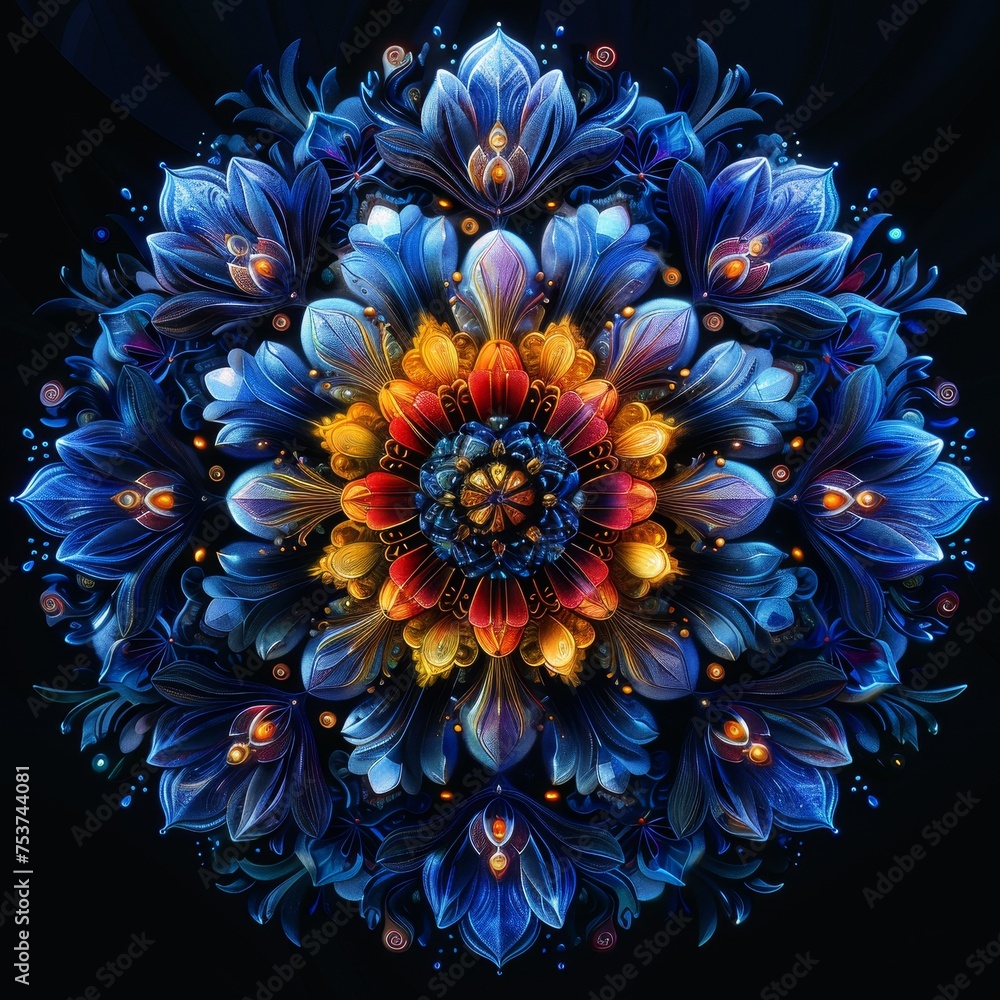 Poster digital mandalas with intricate patterns and vibrant colors, designed for a meditative and calming e