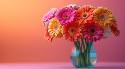 a vase filled with lots of colorful flowers on top of a pink table next to an orange and pink wall.
