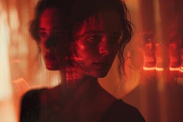 Red-toned multiple exposure portrait of a woman, a complex image of introspection and emotion.

