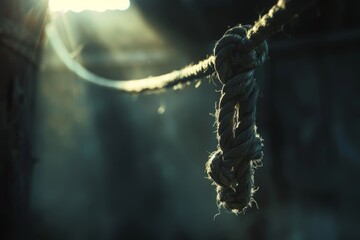 Close-up of a weathered knotted rope in a rustic setting with soft light, symbolizing strength and reliability.

 - obrazy, fototapety, plakaty