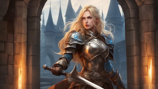 statue of a person anime    A fierce female warrior with long blonde hair and blue eyes, wearing a leather armor 