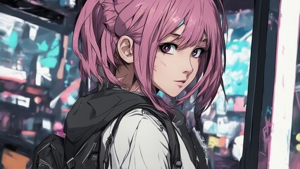 girl in the street anime     a emo  girl - obrazy, fototapety, plakaty