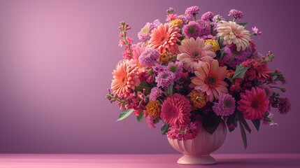 a pink vase filled with lots of flowers on top of a pink counter top next to a purple wall and a purple wall.