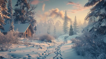 A snowy path through a winter forest, with footprints leading towards a distant cabin, smoke rising from the chimney under a soft, winter sky. 8k