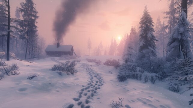 A snowy trail through a wintry forest, marked by footsteps, leading to a far-off cabin with smoke billowing from the chimney beneath a gentle winter sky.