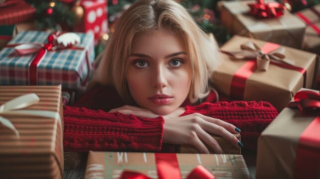 blonde girl and gift boxes 