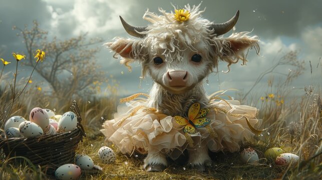 a baby cow dressed up in a tutu with a basket of eggs in the foreground and a cloudy sky in the background.