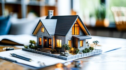 A concept holo 3d render model of a small living house on a table in a real estate agency. signing mortgage contract document and demonstrating. futuristic business. Generative AI. - obrazy, fototapety, plakaty