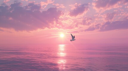 Fototapeta na wymiar A soft pastel-colored sunset over the sea, with a single bird soaring high in the sky, reflecting the peaceful end of the day. 8k