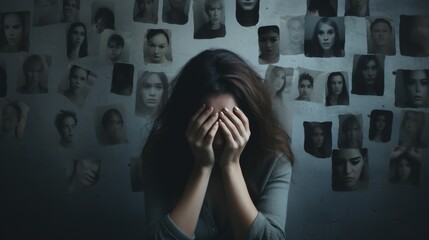 A distressed woman covers her face, surrounded by a collage of diverse facial expressions portraying a spectrum of human emotions.

