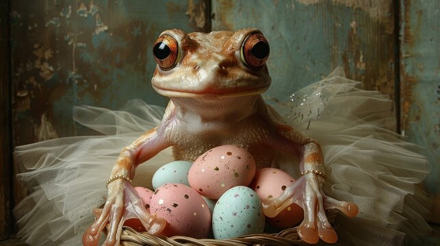 a frog sitting on top of a basket filled with eggs in front of an old wooden wall with peeling paint.