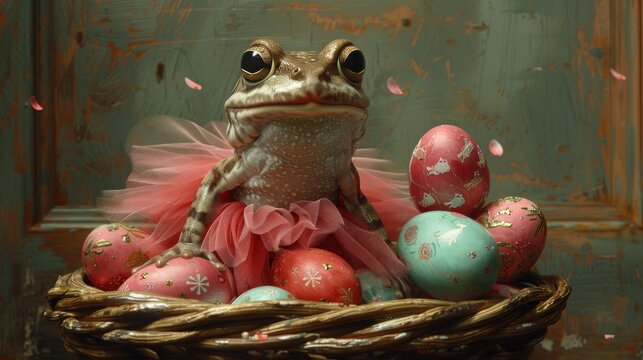 a frog sitting on top of a basket filled with easter eggs and decorated with pink and blue speckles.