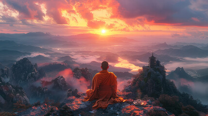 A Zen monk sits in serene meditation perspective shooting, mountain top shooting framing,generative ai - obrazy, fototapety, plakaty