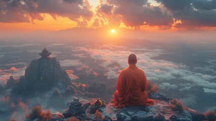 A Zen monk sits in serene meditation perspective shooting, mountain top shooting framing,generative ai - obrazy, fototapety, plakaty