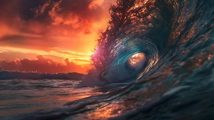 Fototapeten Colourful wave peaking into a flare with sunrise storm © Emma
