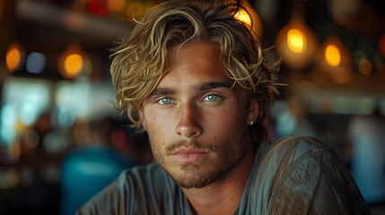 Obraz premium A photo of an attractive young white man sitting in a bar. He has messy blonde hair and soft green eyes. Casual at night time with people around him.