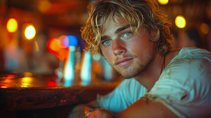 A photo of an attractive young white man sitting in a bar. He has messy blonde hair and soft green...