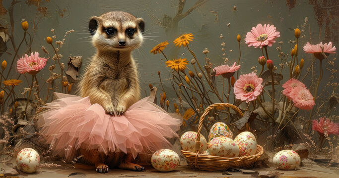 a painting of a meerkat sitting on top of a pink tutu with eggs in front of it.