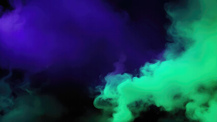 Fototapeta na wymiar Green, Teal, and purple colors Dramatic smoke and fog in contrast on a black background
