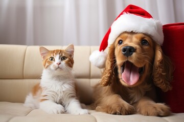 Christmas photo of a Golden Retriever with a Santa hat next to a brown and white striped cat