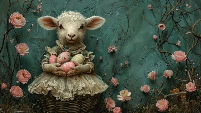 a painting of a sheep holding a basket of eggs in front of a green wall with pink flowers on it.
