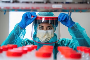 A woman wearing a face mask and protective gear for safety and health precautions.