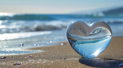Glass heart on the beach - obrazy, fototapety, plakaty
