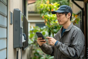A man standing outside a house, using a cell phone while engaged in communication.
