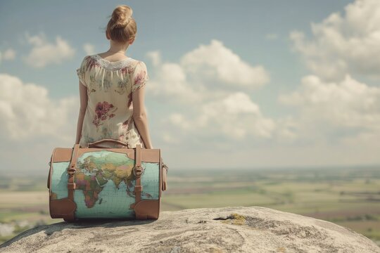 Female tourist seated on rock, suitcase beside her, looking at the planet.