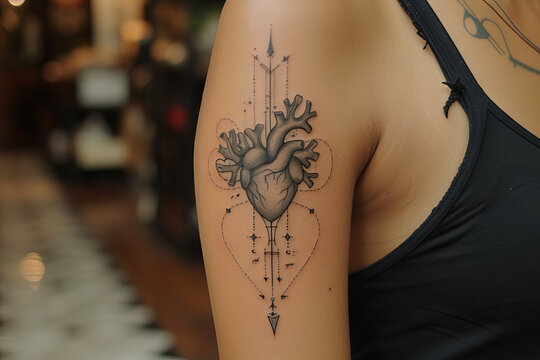 A heart tattoo with the inscription "Love", surrounded by an ornament of stars, dots and floral motifs, located on the arm.
Concept: expression of love and affection through the art of tattooing